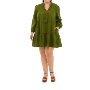 Crown & Ivy Womens Plus Size Drop Waist Peasant Tasseled Mini Dress Green 2X